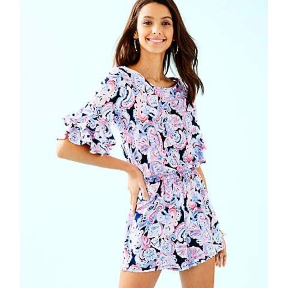 Lilly Pulitzer Lula Romper High Tide Navy Ruffle Sleeve Sz small Paisley Shells